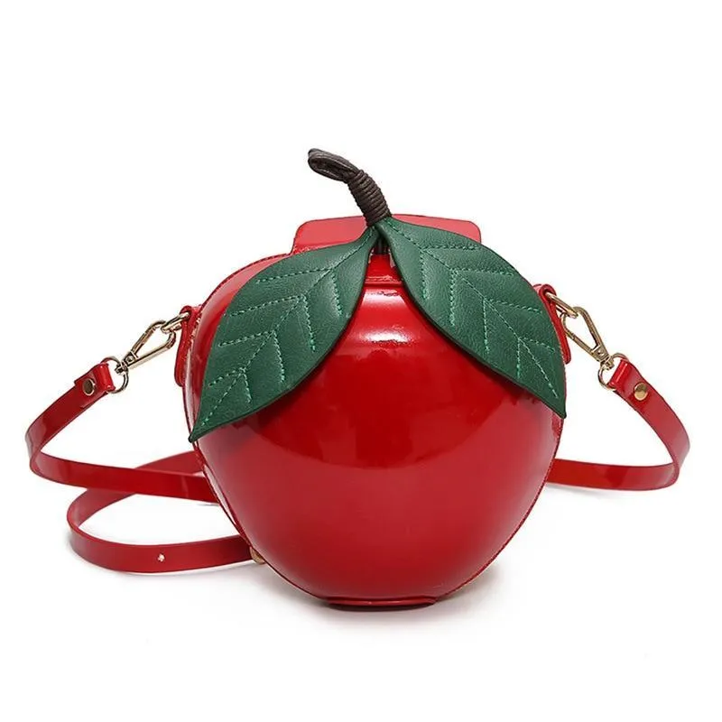 Giant Apple Crossbody Zipped Shoulder Bag PU Leather Kawaii Harajuku Cute Fun Fruit Handbag Red Green Woman Girl Apple Leaf