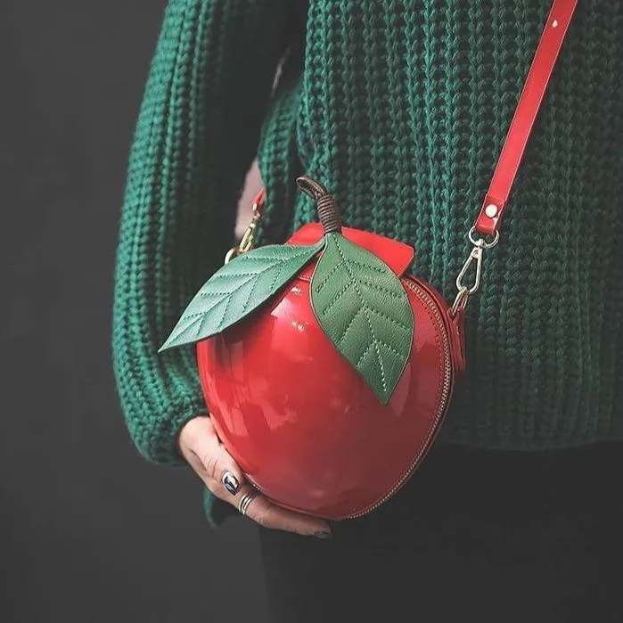 Giant Apple Crossbody Zipped Shoulder Bag PU Leather Kawaii Harajuku Cute Fun Fruit Handbag Red Green Woman Girl Apple Leaf