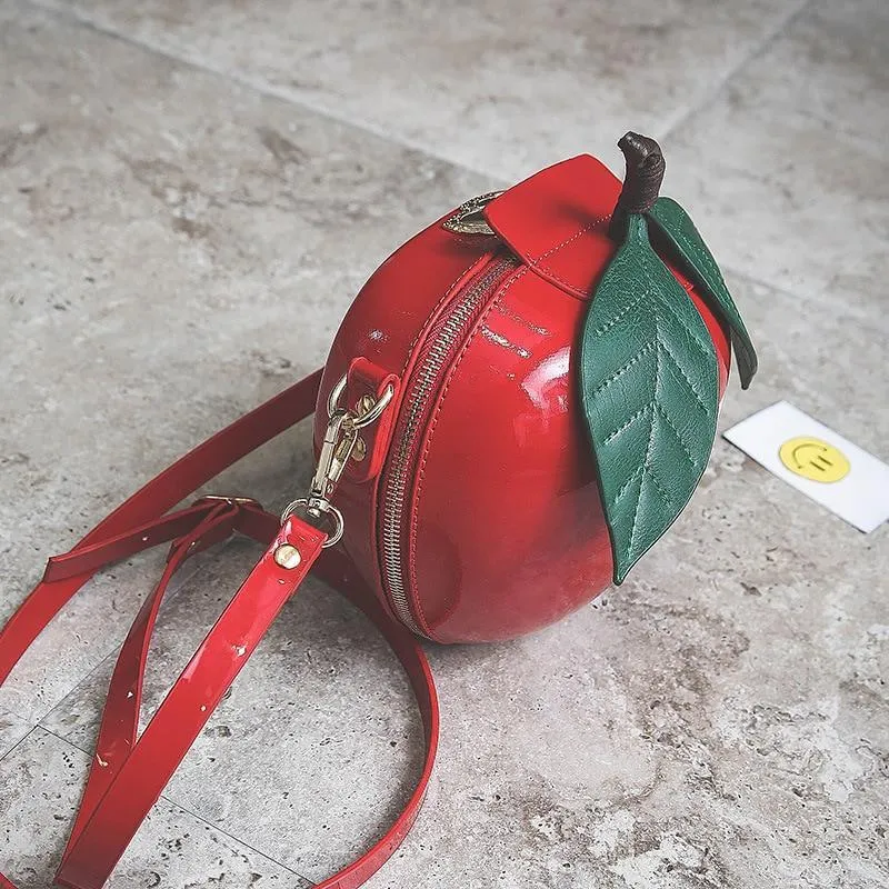 Giant Apple Crossbody Zipped Shoulder Bag PU Leather Kawaii Harajuku Cute Fun Fruit Handbag Red Green Woman Girl Apple Leaf