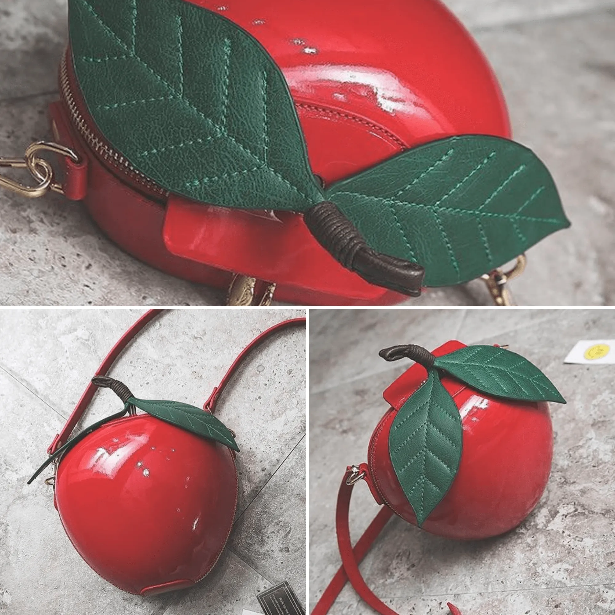 Giant Apple Crossbody Zipped Shoulder Bag PU Leather Kawaii Harajuku Cute Fun Fruit Handbag Red Green Woman Girl Apple Leaf