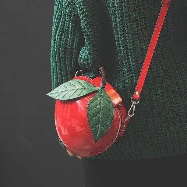 Giant Apple Crossbody Zipped Shoulder Bag PU Leather Kawaii Harajuku Cute Fun Fruit Handbag Red Green Woman Girl Apple Leaf