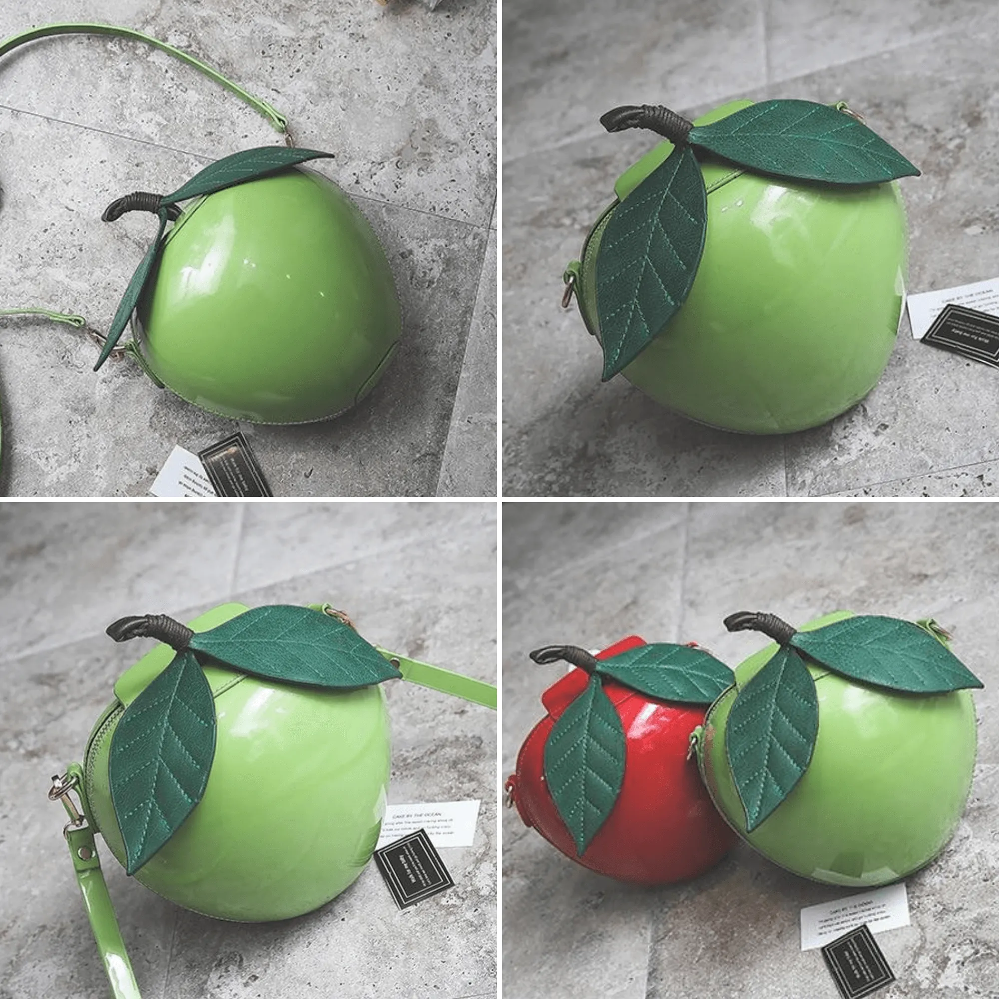 Giant Apple Crossbody Zipped Shoulder Bag PU Leather Kawaii Harajuku Cute Fun Fruit Handbag Red Green Woman Girl Apple Leaf