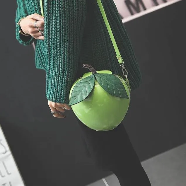 Giant Apple Crossbody Zipped Shoulder Bag PU Leather Kawaii Harajuku Cute Fun Fruit Handbag Red Green Woman Girl Apple Leaf