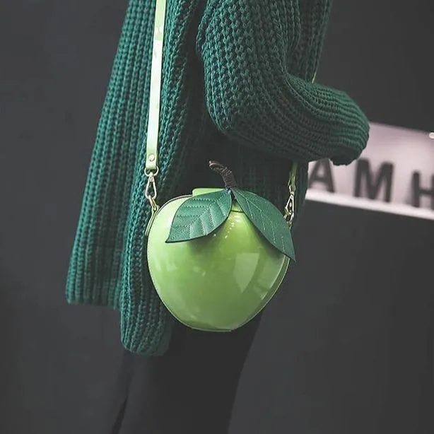 Giant Apple Crossbody Zipped Shoulder Bag PU Leather Kawaii Harajuku Cute Fun Fruit Handbag Red Green Woman Girl Apple Leaf