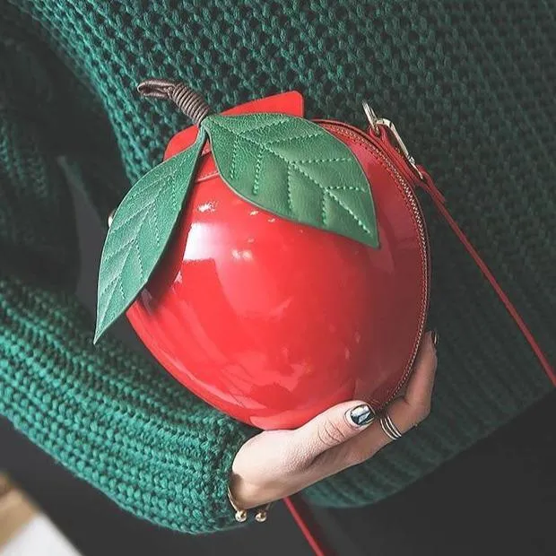 Giant Apple Crossbody Zipped Shoulder Bag PU Leather Kawaii Harajuku Cute Fun Fruit Handbag Red Green Woman Girl Apple Leaf