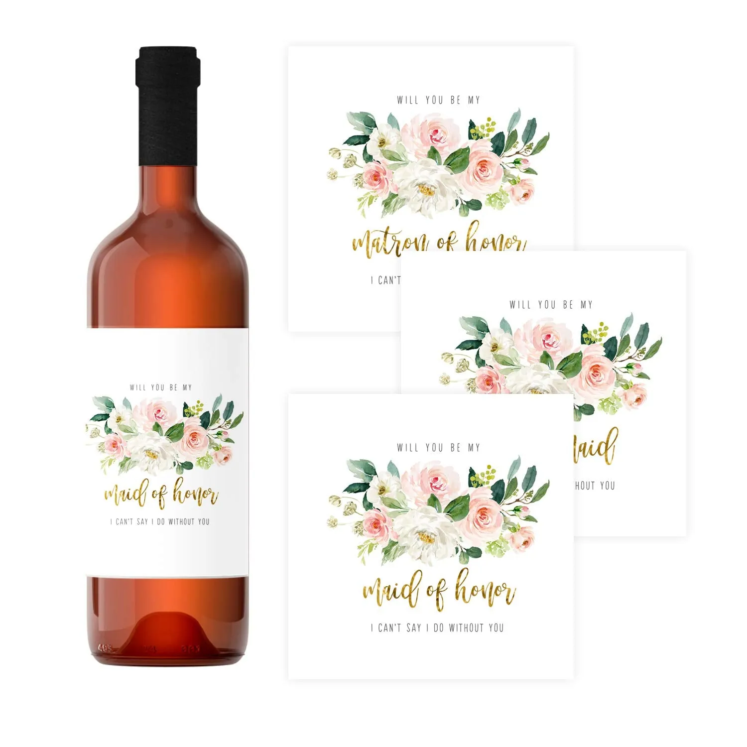 Graceful Floral Bridesmaid Wine Labels by Paper Clever - 12 Pack - Creative Wedding Party Invites