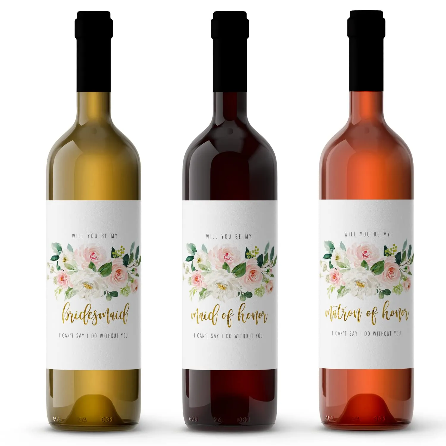 Graceful Floral Bridesmaid Wine Labels by Paper Clever - 12 Pack - Creative Wedding Party Invites