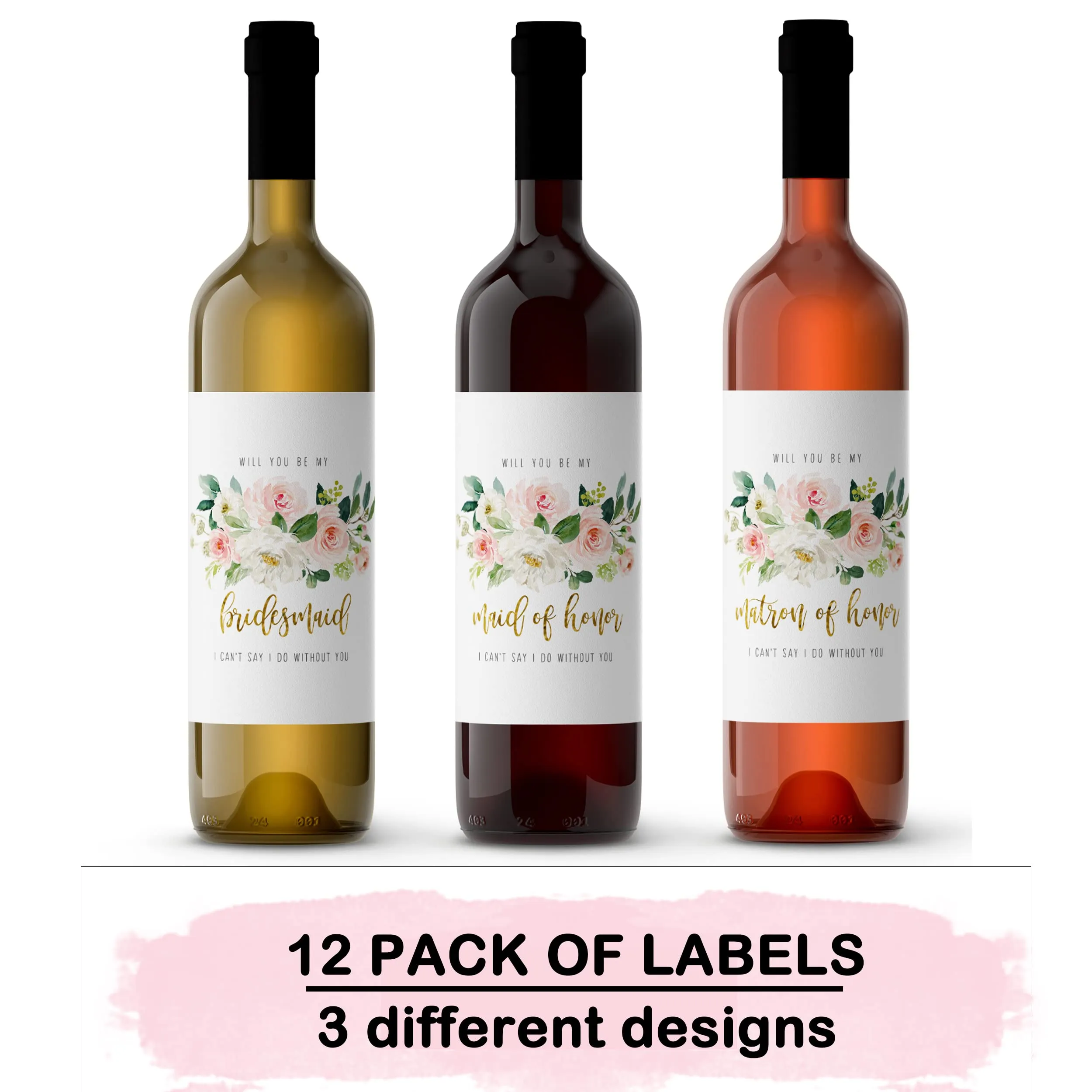 Graceful Floral Bridesmaid Wine Labels by Paper Clever - 12 Pack - Creative Wedding Party Invites