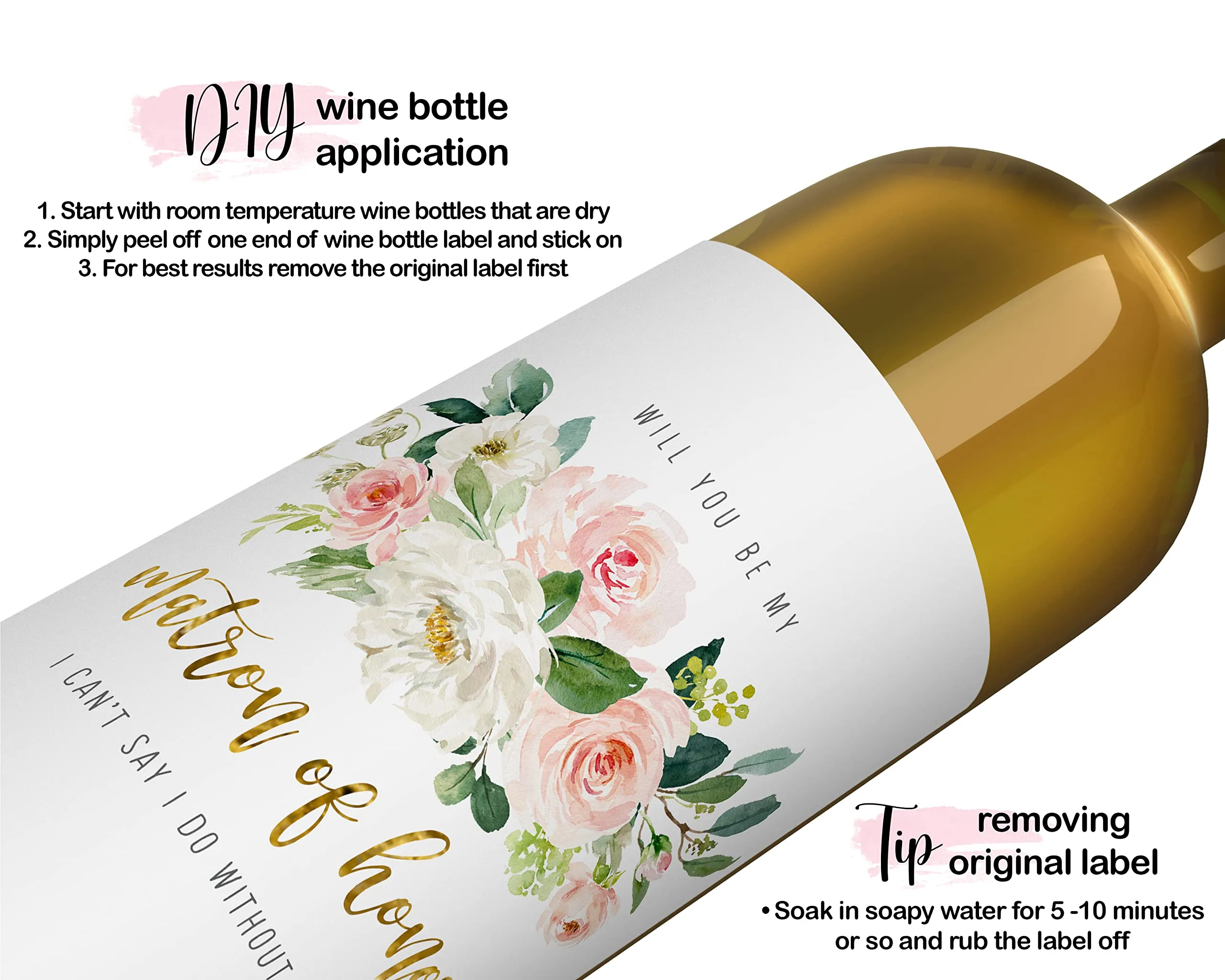 Graceful Floral Bridesmaid Wine Labels by Paper Clever - 12 Pack - Creative Wedding Party Invites