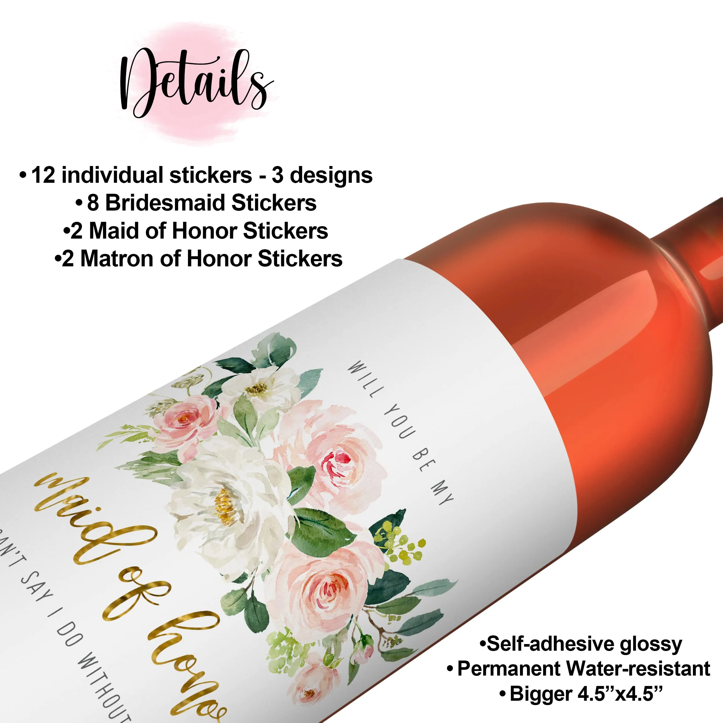 Graceful Floral Bridesmaid Wine Labels by Paper Clever - 12 Pack - Creative Wedding Party Invites