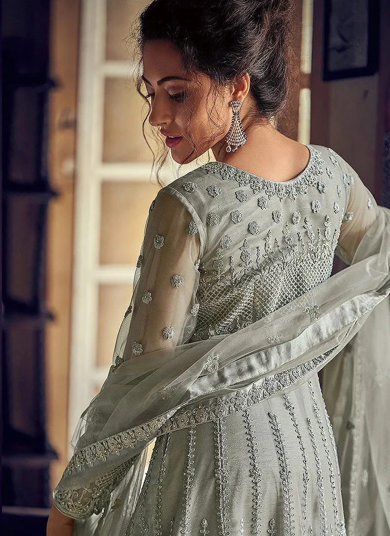 Graceful Grey Georgette Chikankari Designer Anarkali