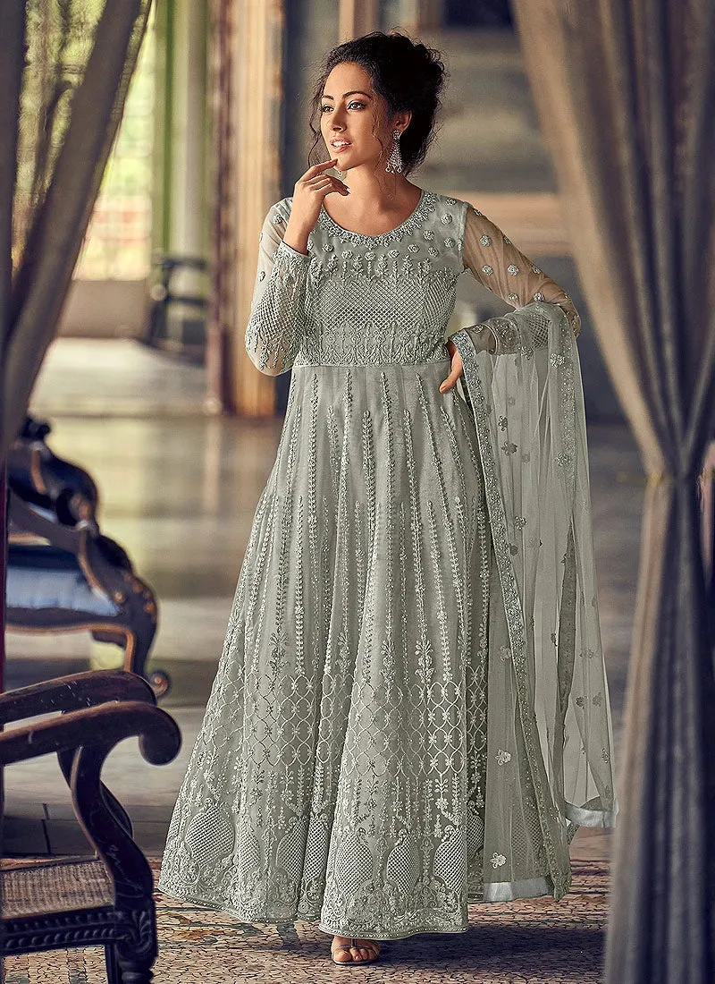 Graceful Grey Georgette Chikankari Designer Anarkali