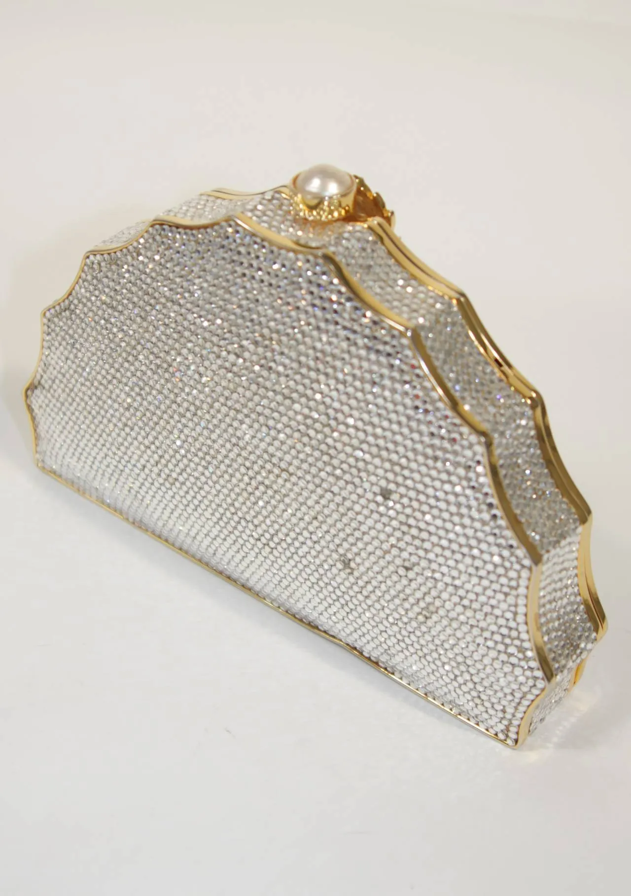 JUDITH LEIBER Classic Rhinestone w/ Chain Strap & Gold Detail