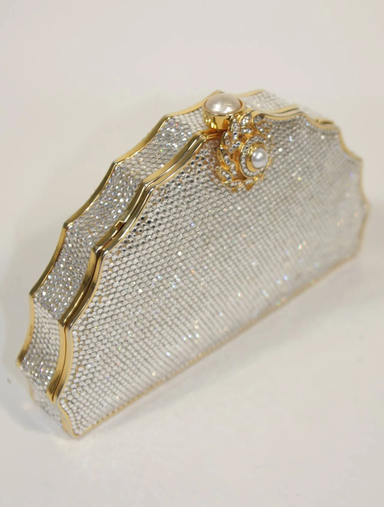 JUDITH LEIBER Classic Rhinestone w/ Chain Strap & Gold Detail