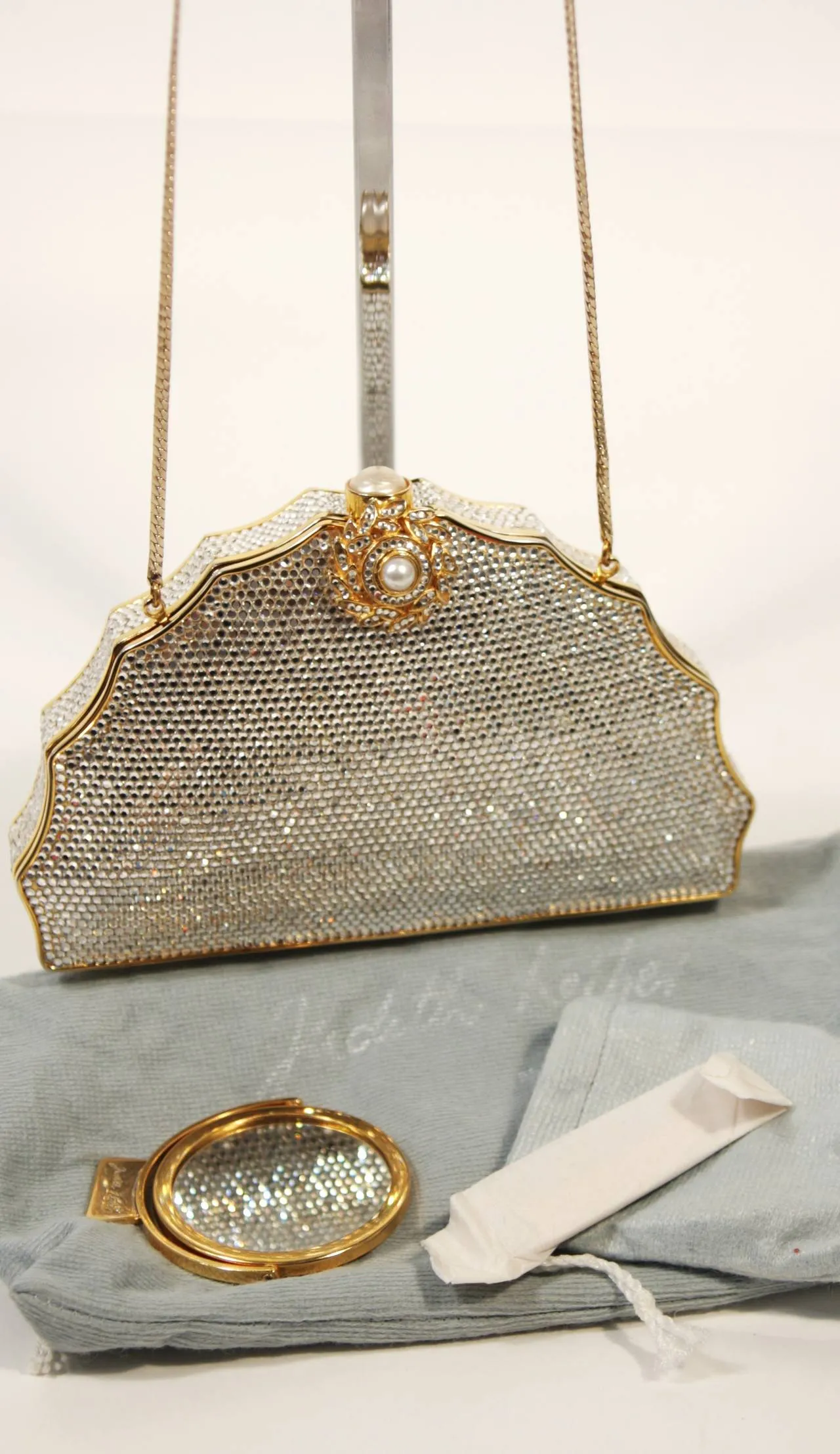 JUDITH LEIBER Classic Rhinestone w/ Chain Strap & Gold Detail