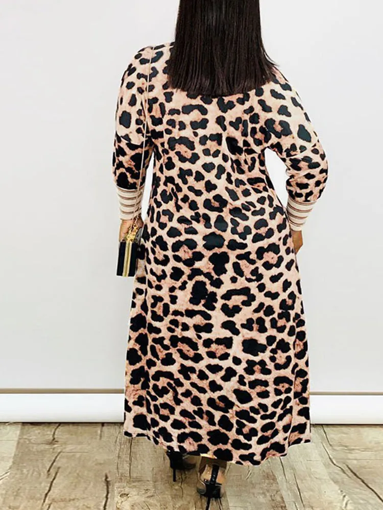 Leopard Print Graceful Bowknot Pleated Dress