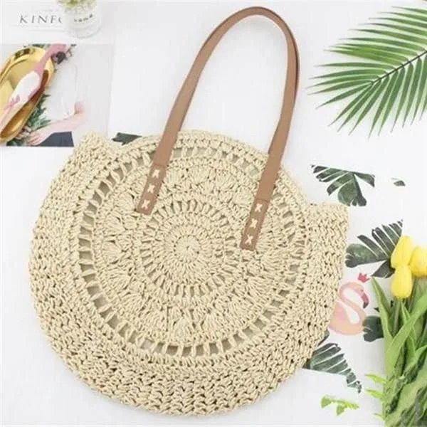 MAIRO LIFESTYLE Straw Wicker Handmade Boho Summer Beach Round Shoulder Bag (Beige - Flower)