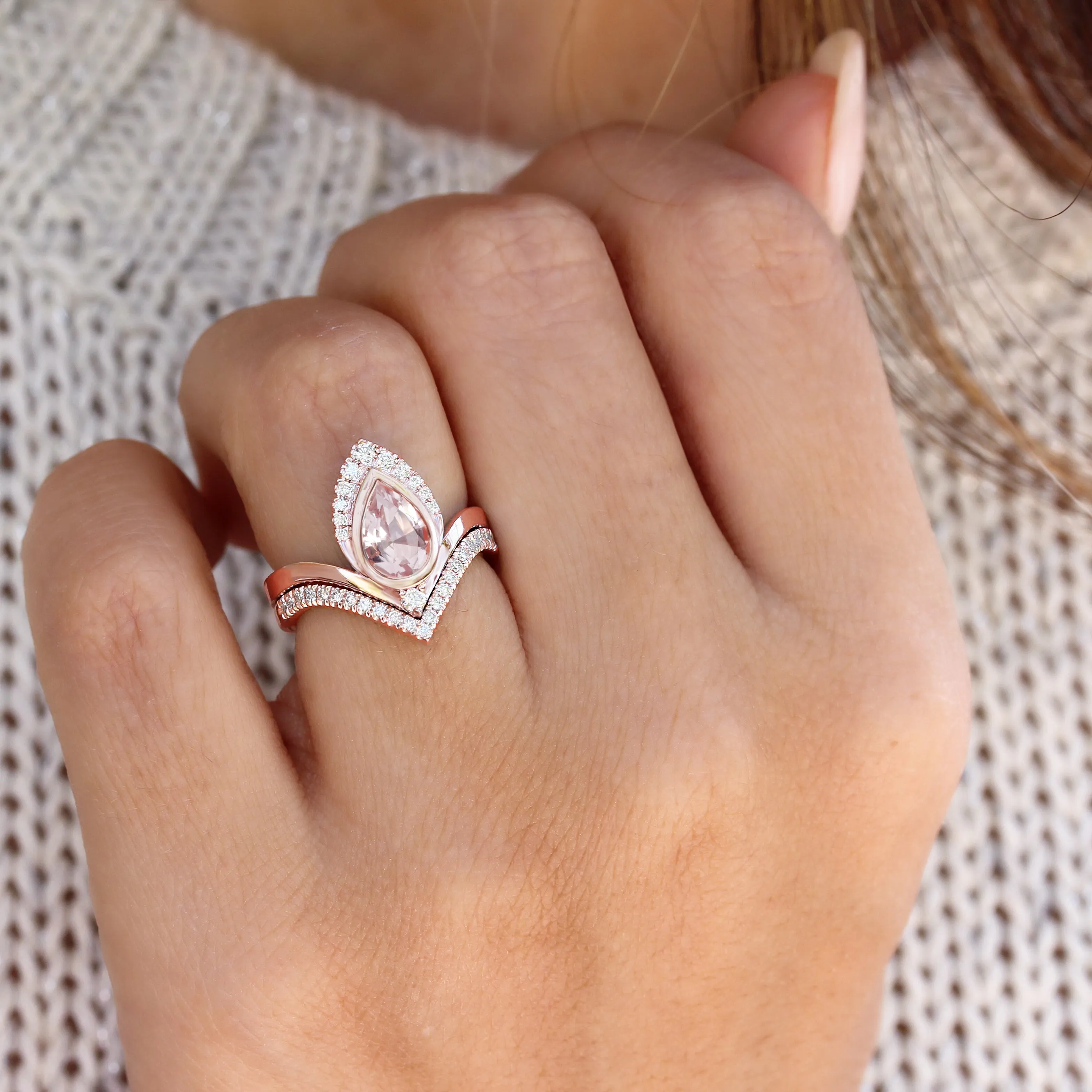 Pear Morganite & Diamonds Unique Engagement Ring Set - Atyasha V