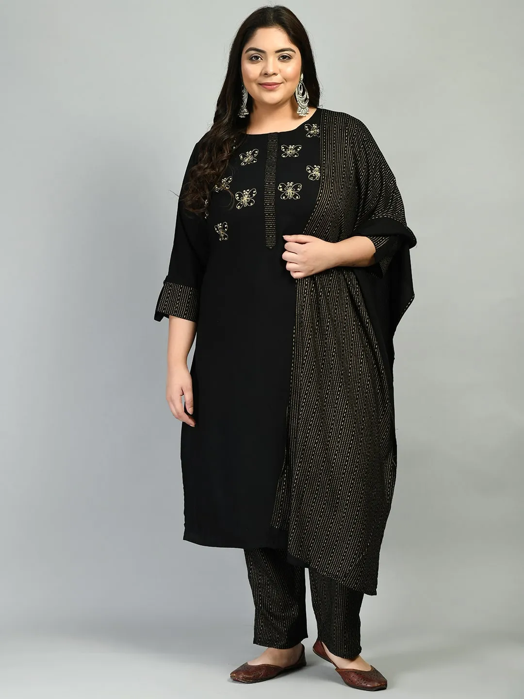 Plus Size Designer Butterfly Kurta Pant Set with Dupatta