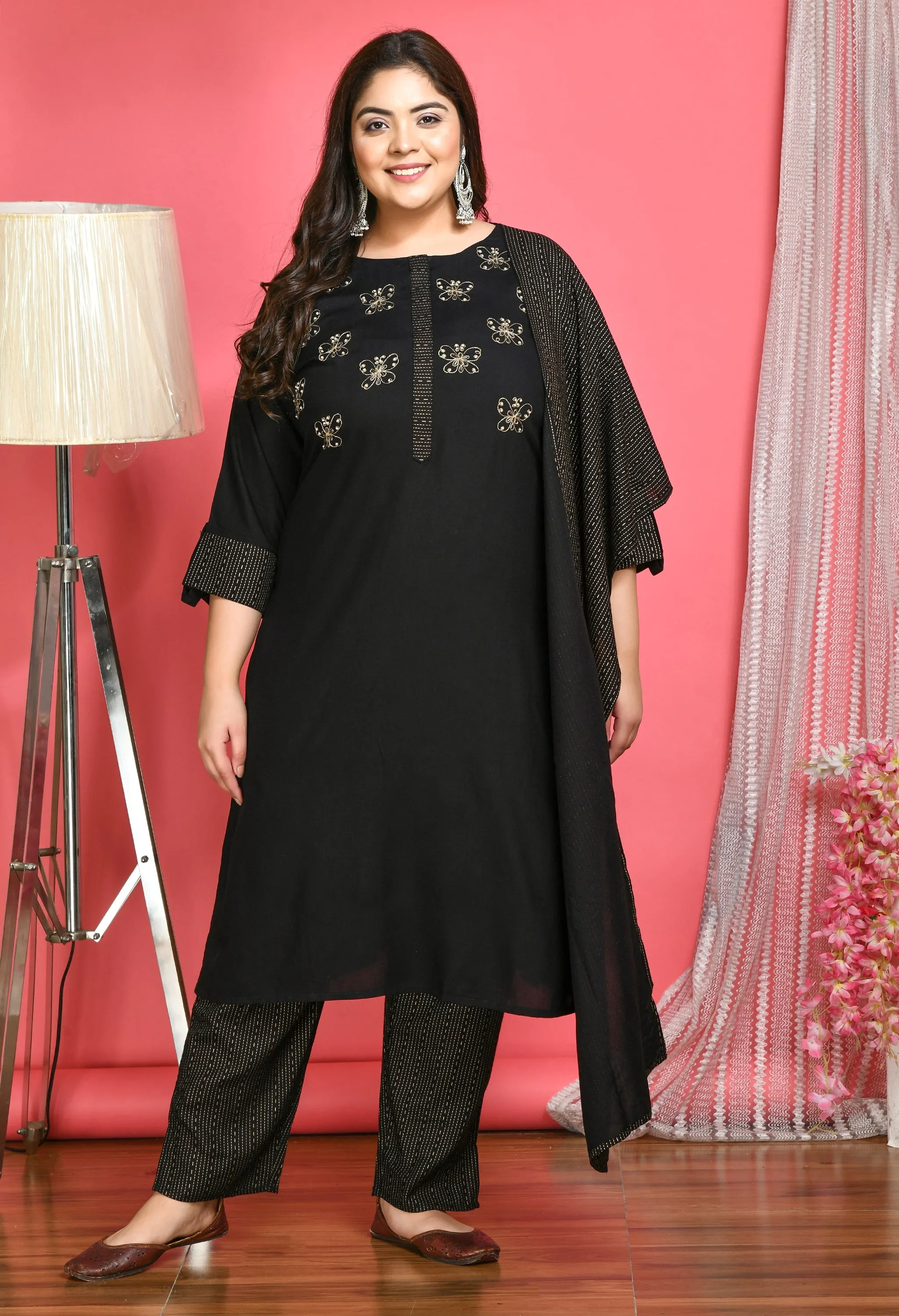 Plus Size Designer Butterfly Kurta Pant Set with Dupatta