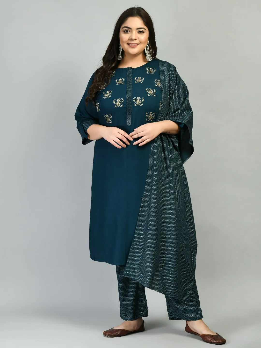 Plus Size Designer Butterfly  Kurta Pant Set with Dupatta