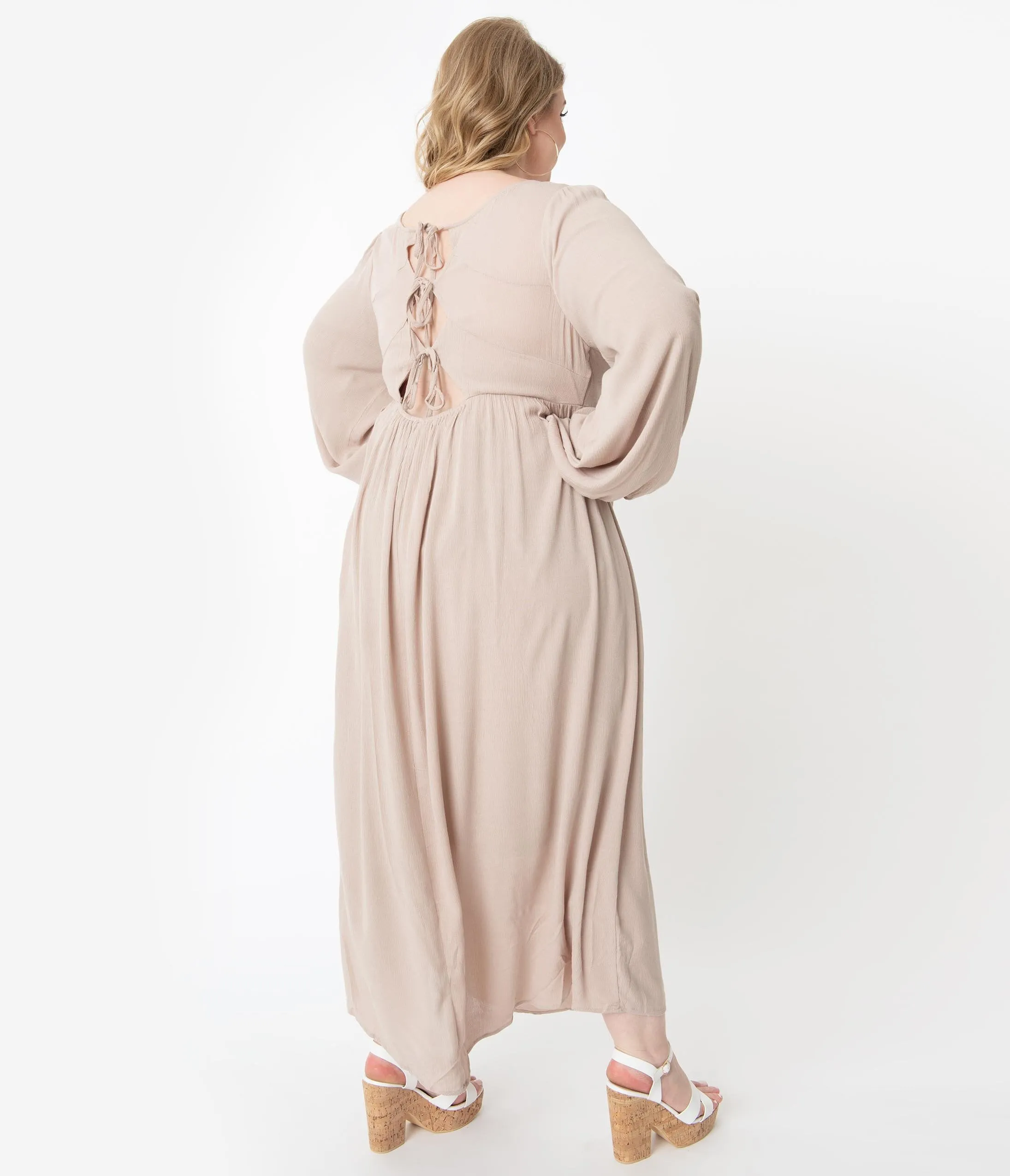 Plus Size Retro Style Taupe Back Ties Midi Dress