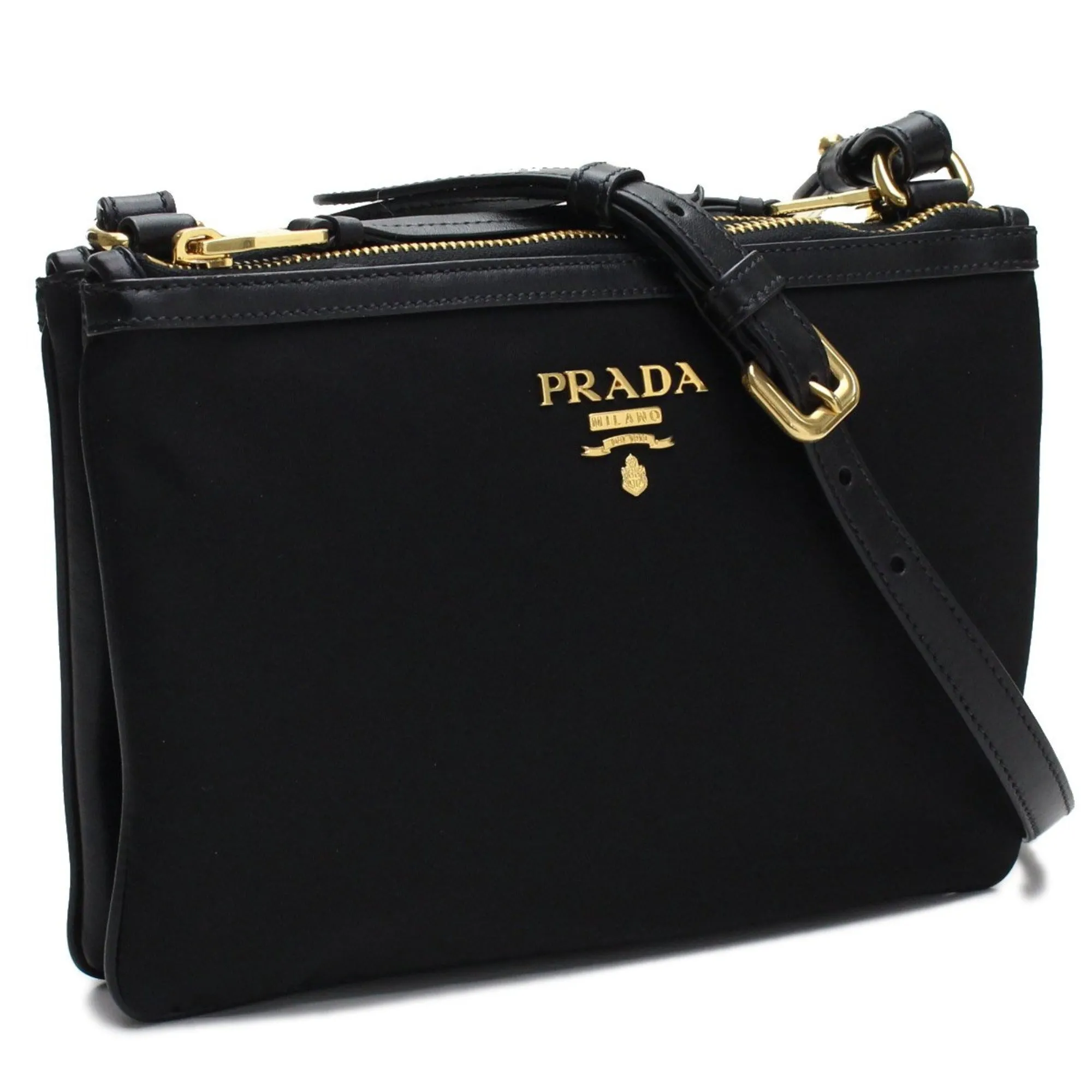 Prada Logo Tessuto Nylon Soft Calf Trim Black Cross Body Bag