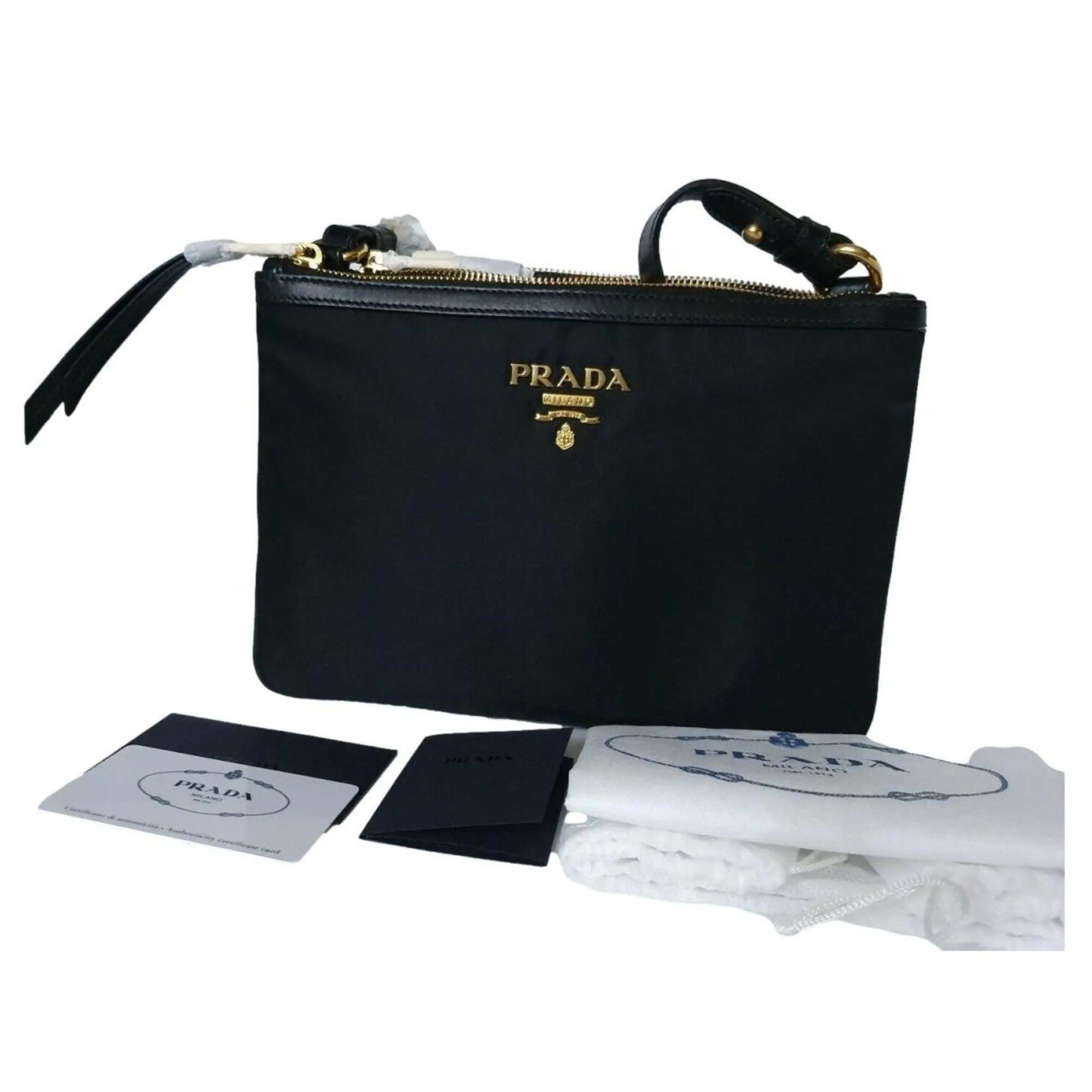 Prada Logo Tessuto Nylon Soft Calf Trim Black Cross Body Bag