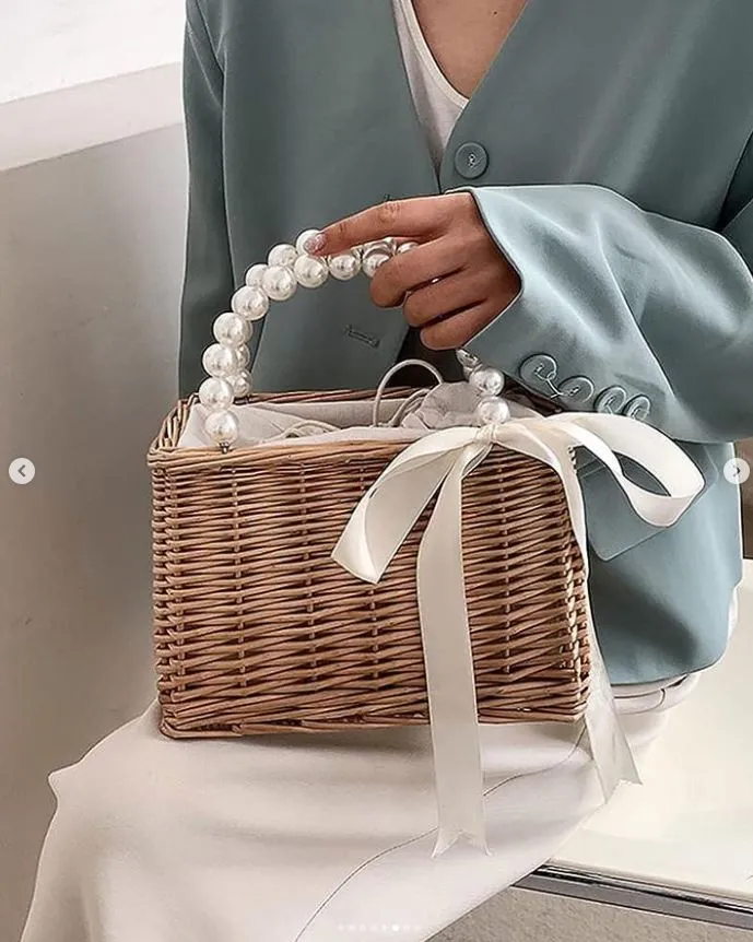 Rattan Handmade Tote Bags Ladies Beach Basket Bag Pearl Beads By APT