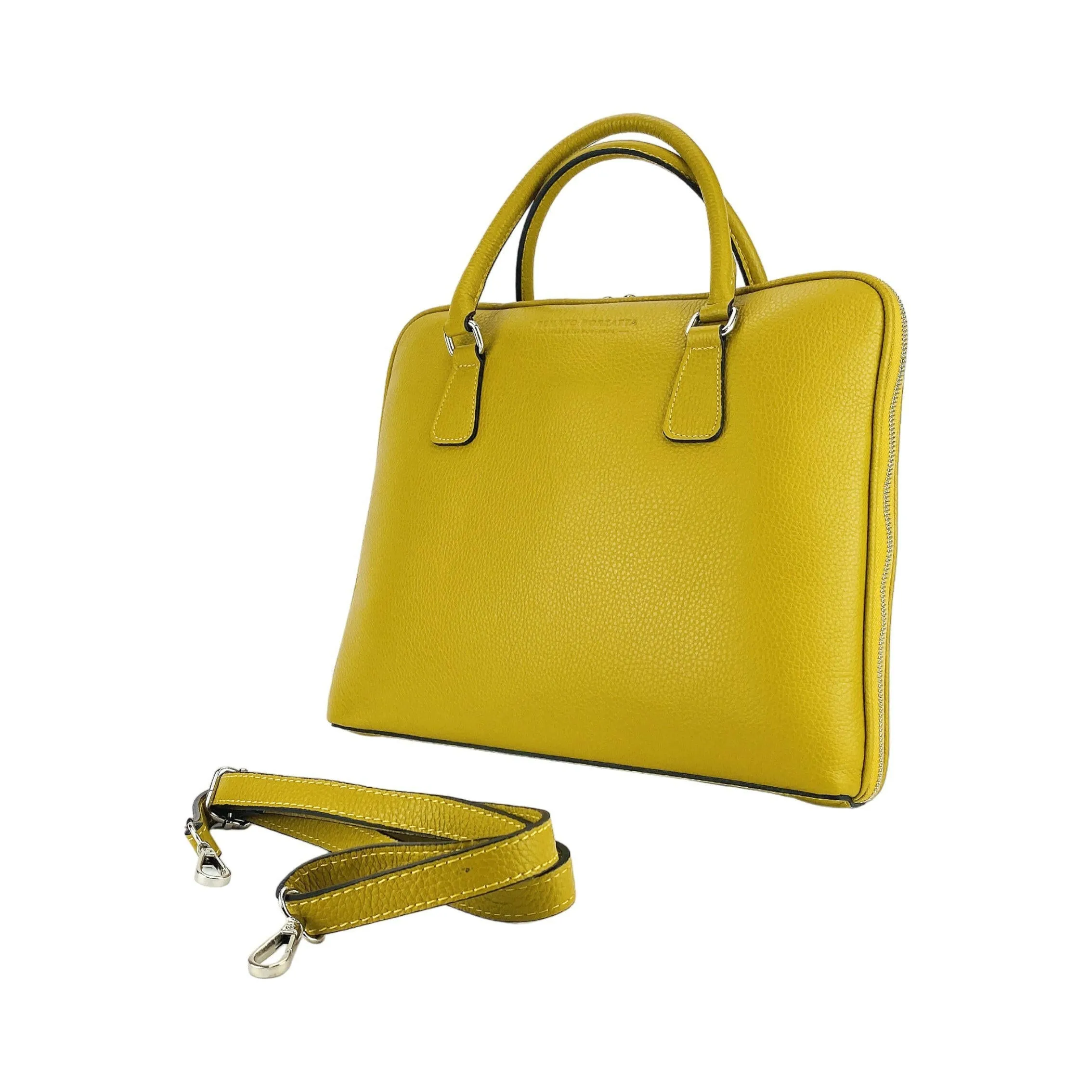 RB1019AR | Unisex Business Briefcase with removable shoulder strap. Attachments with shiny nickel metal snap hooks - Mustard color