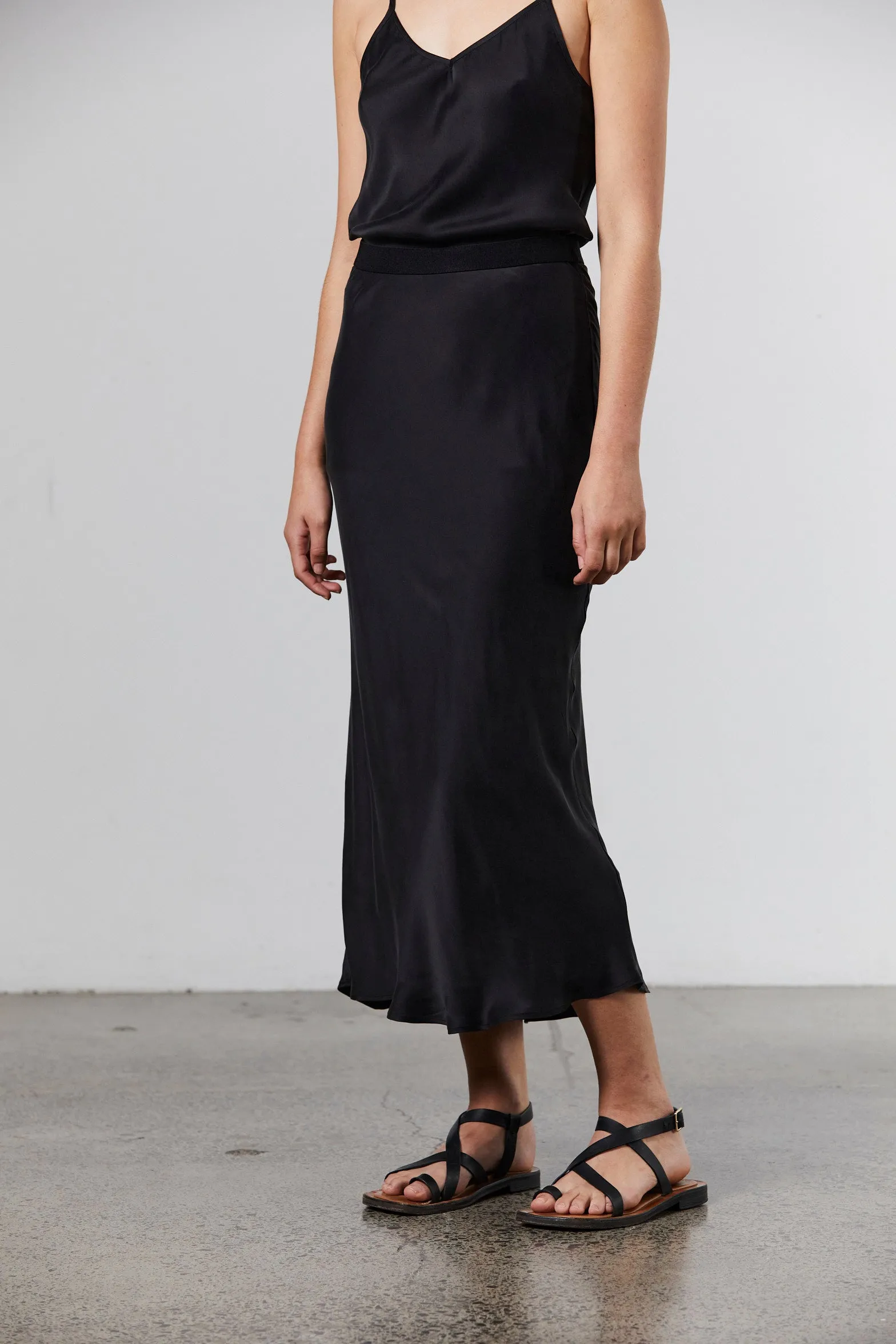 Silk Midi Slip Skirt - Black