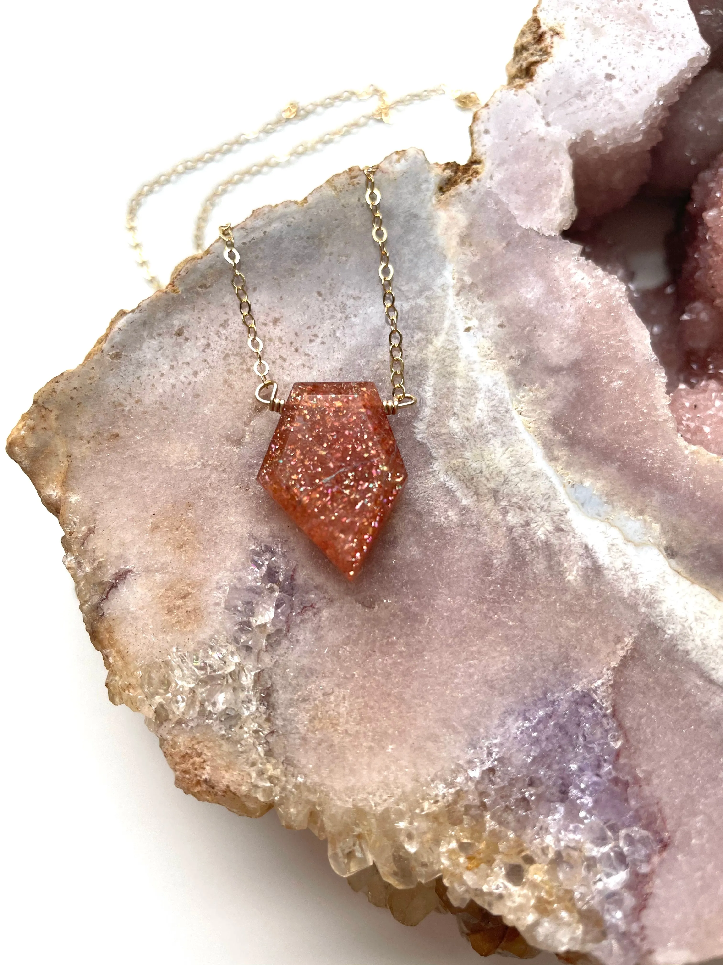 Small Sunstone Shield Necklace - Healing Crystal Jewelry