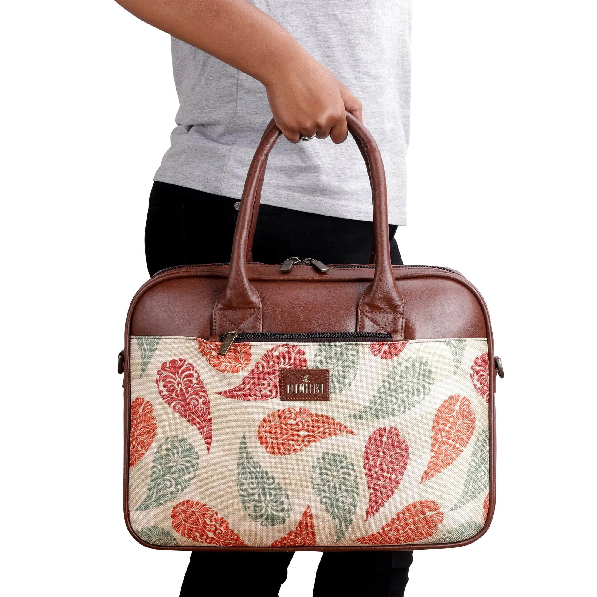 THE CLOWNFISH Deborah series 15.6 inch Laptop Bag For Women Printed Handicraft Fabric & Faux Leather Office Bag Briefcase Messenger Sling Handbag Business Bag (Cream-Leaf Print)