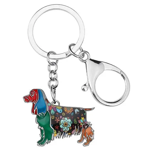 WEVENI Enamel Spaniel Dog Keychain - Metal Floral Fashion