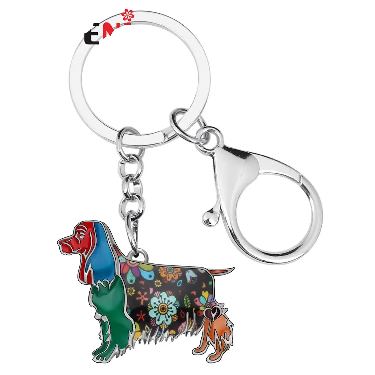 WEVENI Enamel Spaniel Dog Keychain - Metal Floral Fashion