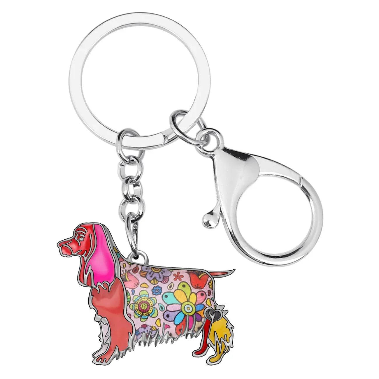 WEVENI Enamel Spaniel Dog Keychain - Metal Floral Fashion