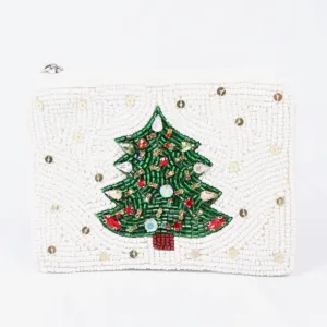 White Christmas Tree Beaded Zip Pouch