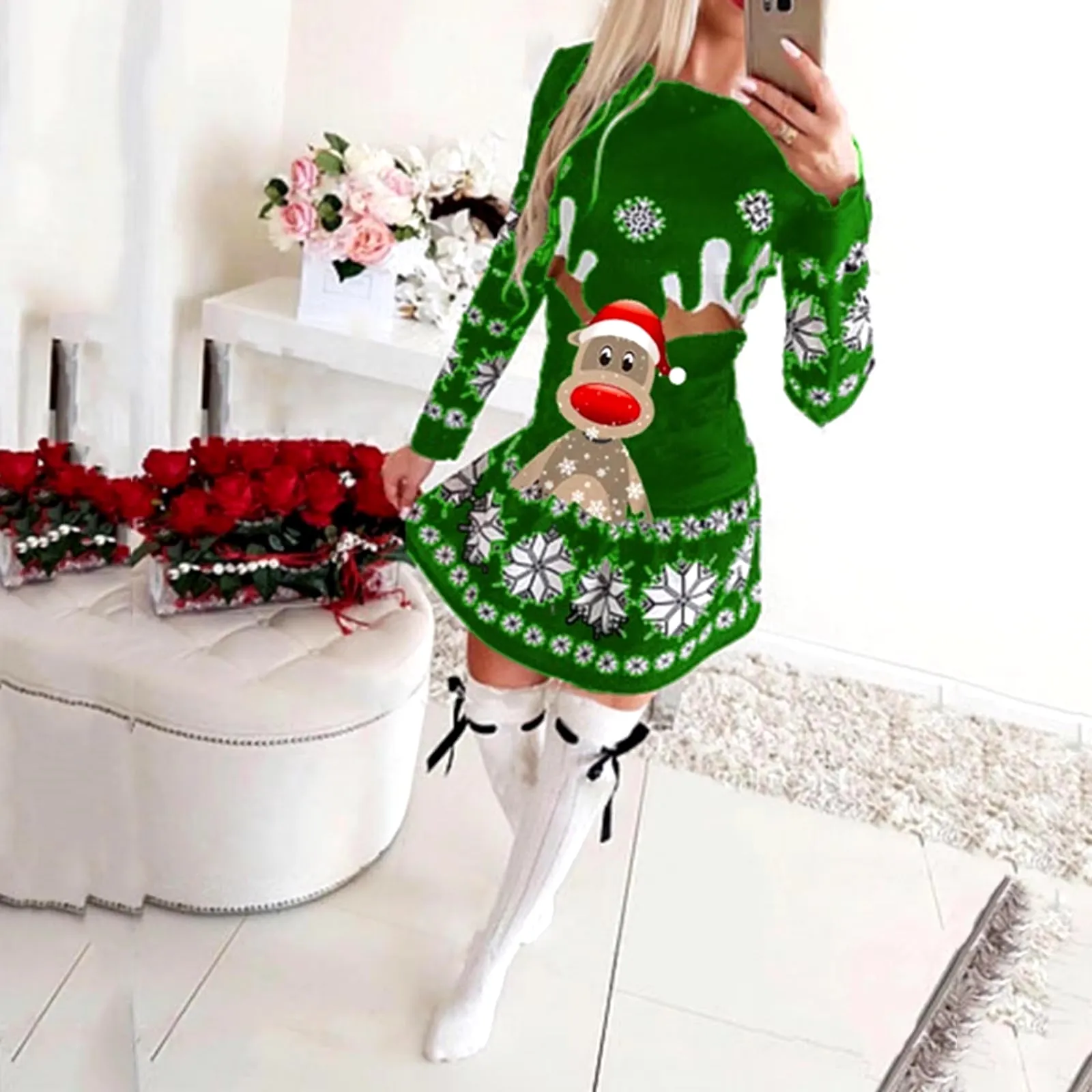 Women'S Christmas Dresses 2024 New Sweatshirt for Women Casual round Neck Fashion Elk Printed Female Long Sleeve Pullover Dress