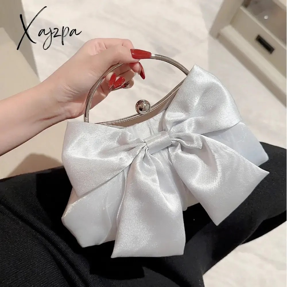 Xajzpa - Elegant Bow Decor Kiss Lock Clutch - Dinner & Evening Purse with Textured Frame & Glossy Metal Chain