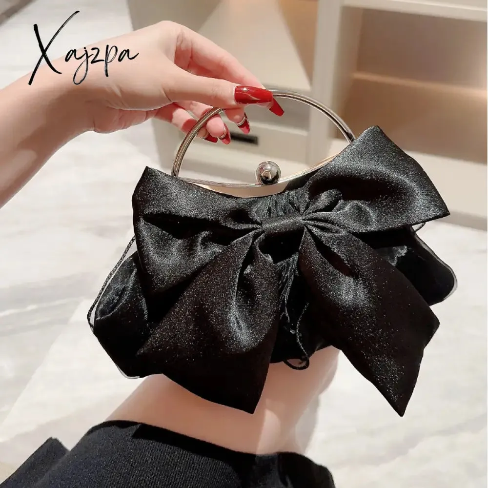 Xajzpa - Elegant Bow Decor Kiss Lock Clutch - Dinner & Evening Purse with Textured Frame & Glossy Metal Chain