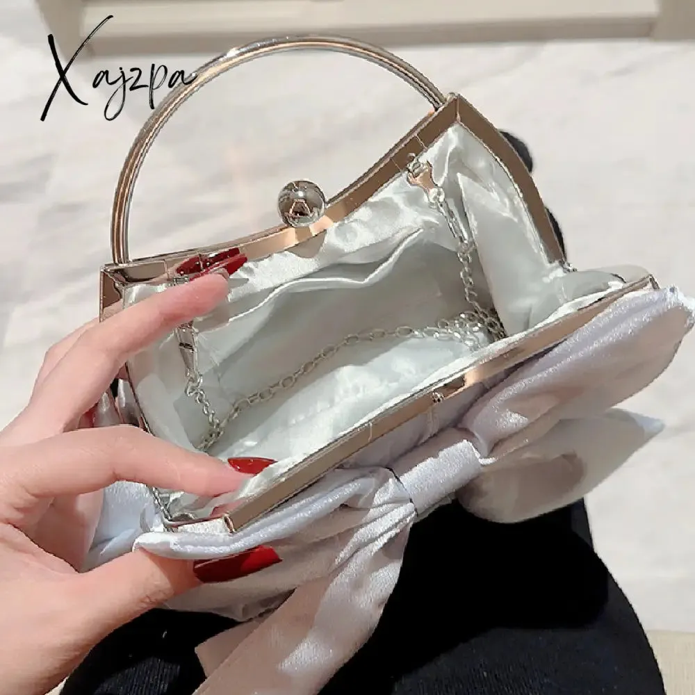 Xajzpa - Elegant Bow Decor Kiss Lock Clutch - Dinner & Evening Purse with Textured Frame & Glossy Metal Chain