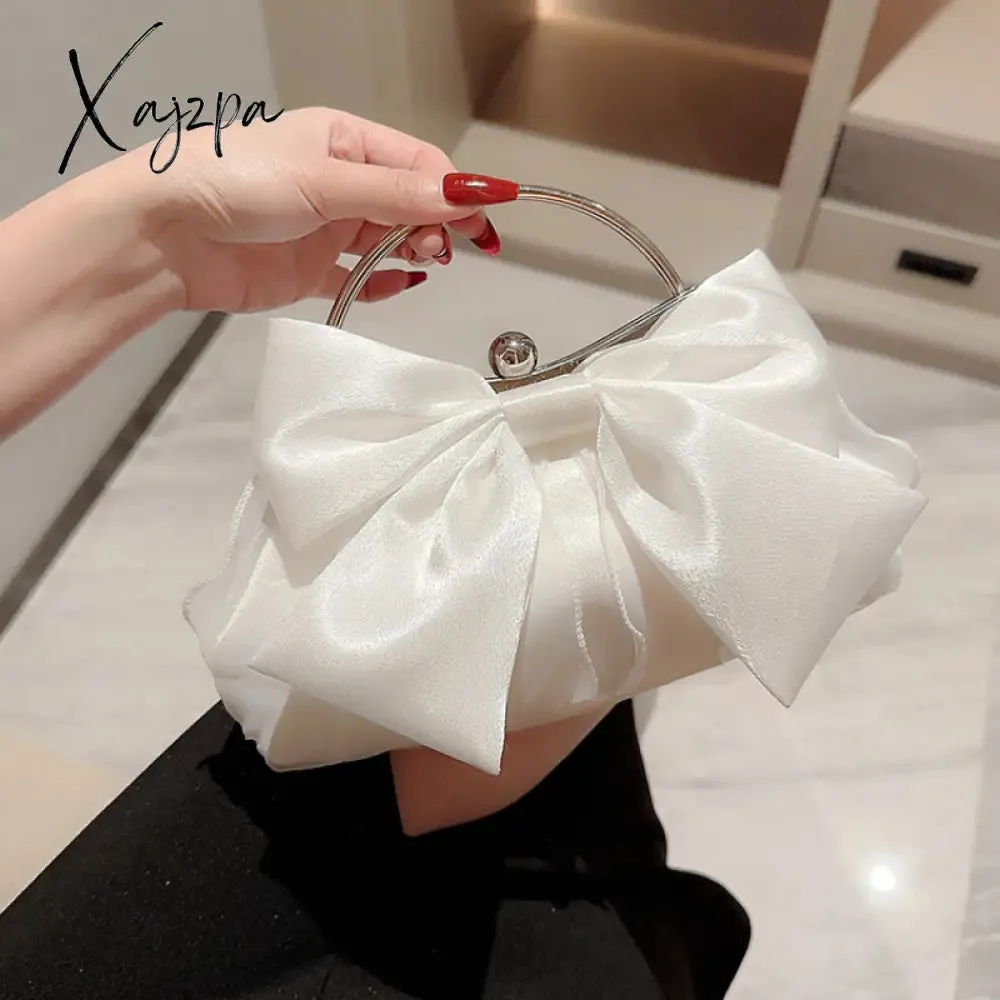 Xajzpa - Elegant Bow Decor Kiss Lock Clutch - Dinner & Evening Purse with Textured Frame & Glossy Metal Chain